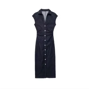 Robe Longue en Denim Décontractée pour Femmes Sans Manches Manches Longues Col Chemise Simple Boutonnage Taille Plissée Délavée Bleu Foncé
