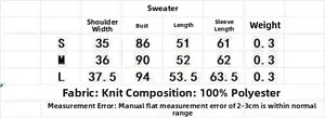 Detailed size chart for women's colorful striped knit sweater in sizes S, M, and L
