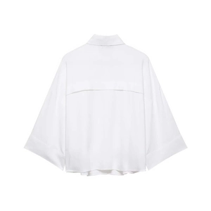 Women's minimalist loose white shirt with modern batwing sleeves and back seam detail
