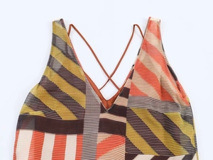 Detail of V-neck patchwork summer dress with criss-cross back straps and geometric print