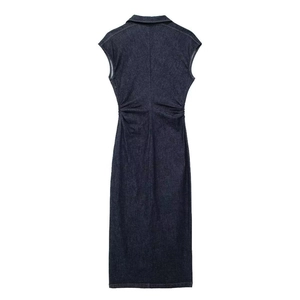 Robe midi sans manches en jean bleu foncé pour femme avec col à revers et taille marquée