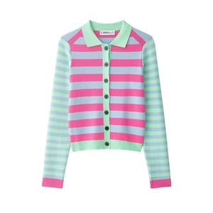 Women Casual Colorful Striped Knit Cardigan Loose Long Sleeve Button Down Sweater Top For Autumn Spring Outerwear Tops