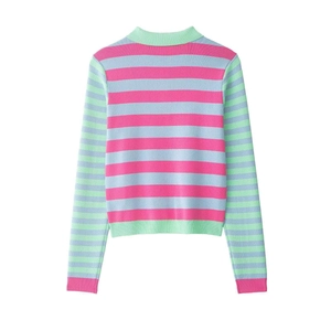 Colorful striped crewneck knit sweater with pink, blue, and mint green long sleeves
