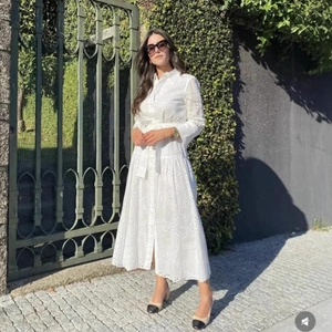 Women Elegant White Eyelet Embroidery Midi Dress Shirt Collar Long Sleeve Button Up A-Line Vacation Dress With Belt