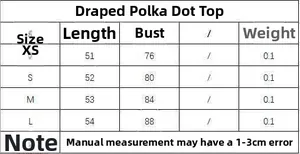 Size chart for brown polka dot camisole top with measurements for XS S M and L sizes