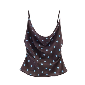 Brown satin cowl neck camisole with blue polka dots and thin straps for women
