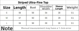 Size chart for vintage striped knit top showing measurements for S, M, and L sizes