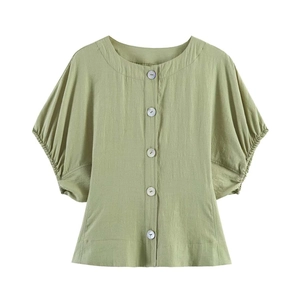 Damen Eleganter Puffärmel Hemdbluse Casual Rundhals Einfarbig Kurzarm Sommer Shirt Top Salbeigrün