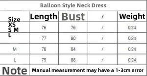 Size chart for summer poplin halter neck balloon dress showing XS to L measurements