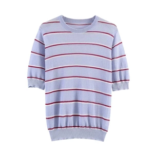 Women Vintage Striped Knit Top Round Neck Short Sleeve Thin Lavender Sweater Casual Soft Comfortable Ribbed Hem T-Shirt