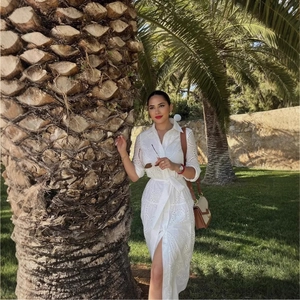 Elegant white Broderie Anglaise midi dress with shirt collar and waist tie for summer style