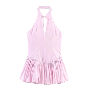 Women Halter Neck Pink Mini Dress Balloon Bubble Hem Shirred Backless Summer Sleeveless Elegant Party Sexy Poplin Style Dress