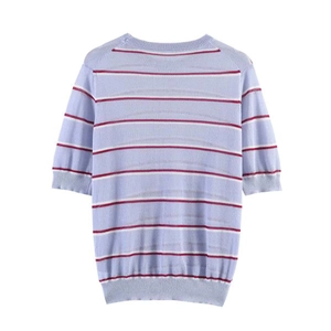 Vintage lavender and deep red striped knit short sleeve top with ribbed round neckline