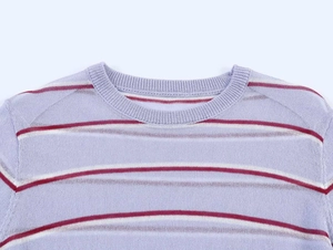 Detailed close-up of ribbed crewneck on lavender knit sweater with red striped pattern