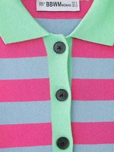 Close-up of knit polo collar with blue buttons and colorful pastel stripes detail