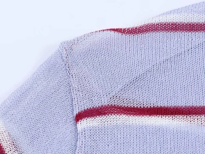 Detailed close-up of light blue, white, and red striped knit fabric with mesh texture