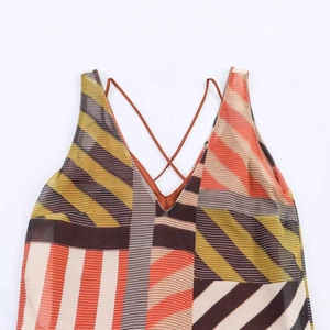 Women's summer beach dress with deep V-neck and colorful geometric patchwork print