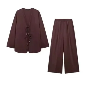 Tenue Décontractée pour Femme en Coton et Lin Avec Cardigan Kimono à Lacets et Pantalon à Jambes Larges Couleur Unie