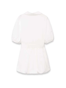 Detail view of the back of a white V-neck poplin mini dress with puff sleeves and cinched waist