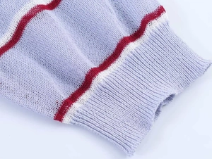 Close-up of lightweight knit sweater cuff with lavender, white and red wavy stripes