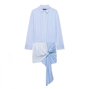Blue and white striped shirt dress with knot waist detail and asymmetrical hem for women