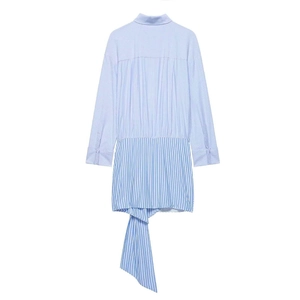 Blue and white striped shirt dress with long sleeves and front knot tie detail