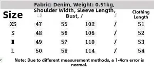 Size chart for dark blue denim two-piece set showing shoulder, bust, and length details
