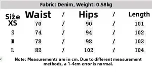 Detailed size chart for women's dark blue denim two-piece outfit with measurements in cm