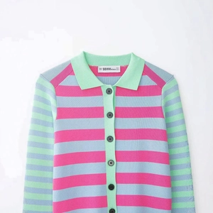 Women's slim striped knit cardigan with pink and blue stripes and green collar