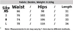 Size chart for women denim skirt including waist and hip measurements from XS to L