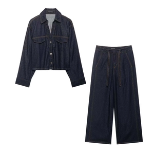 Women Deep Blue Denim Jacket And High Waist Wide Leg Pants Casual Commuter Comfortable Stitched Fall Clothing Streetwear
