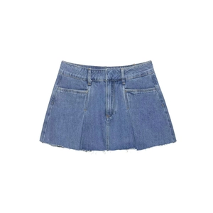 Women High Waist Pleated Denim Mini Skirt With Raw Hem And Pockets Summer Casual Washed Blue Jean Skirts For Women