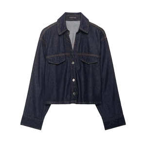 Women's classic dark blue denim two-piece set featuring long sleeve shirt with chest pockets