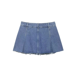 Classic mid-blue high-waisted denim pleated skirt with frayed hem and raw edges