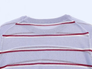 Detail shot of the neckline and red-white stripes on this lavender knit sweater