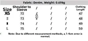 Size guide table for women's denim jacket with lace trim showing measurements in cm