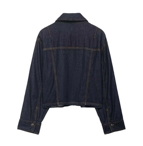 Back view of a cropped dark blue denim jacket with contrast stitching and metal button cuffs