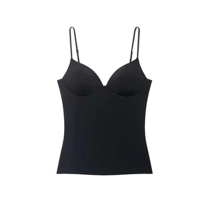Slim fit black tank top with built-in pads and adjustable spaghetti straps for women
