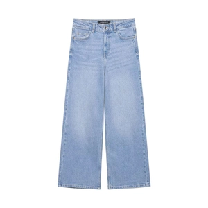 Jeans en Denim Décontracté à Taille Haute et Jambes Larges pour Femmes Bleu Clair Coupe Droite Ample Pantalon Long Mode Printemps