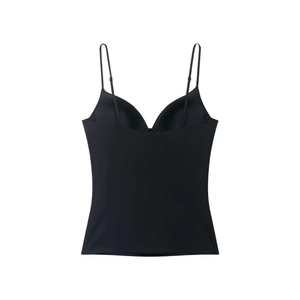 Detail of black seamless camisole with built-in bra pads and adjustable spaghetti straps