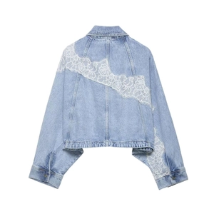 Fashionable light blue denim jacket featuring intricate white lace floral patchwork design