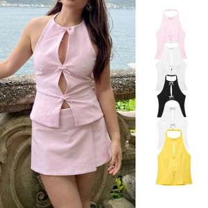 Ensemble Assorti Femme avec Dos Nu Nœud Découpe Top And Bottom Élégant Ornement en Strass Costume Décontracté Été