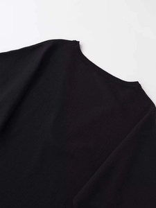Dettaglio ravvicinato dello scollo a V profondo e della trama in maglia fine nera