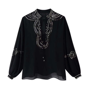 Women Casual Black Mesh Sheer Blouse With Sequins Rivets V-Neck Drawstring Tie Lantern Sleeve Loose Fashion Shirt Top