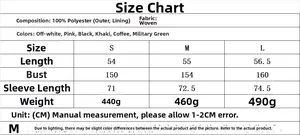 Size chart for oversized pilot jacket including S, M, L dimensions and fabric details