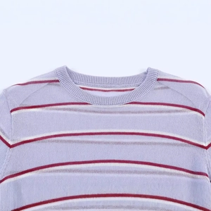 Retro striped crew neck knit sweater in purple, white, and red with long sleeves