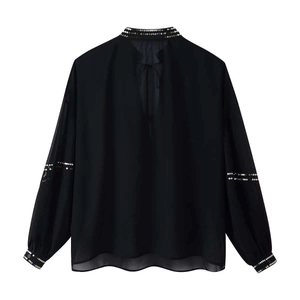 Black long sleeve chiffon shirt with delicate sequin embellishments and V-neck tie detail