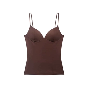 Detail of a dark brown seamless camisole with built-in pads and slim shoulder straps