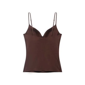 Detail of coffee brown seamless camisole featuring thin spaghetti straps and built-in pads