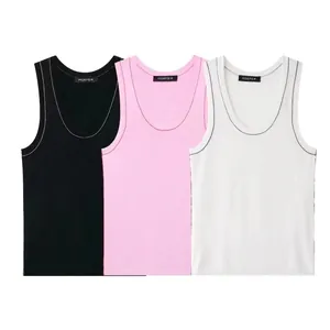 Women Casual Ribbed Knit Tank Top Contrast Stitching U-Neck Sleeveless Slim Fit Summer Streetwear Basic Solid Color Top
